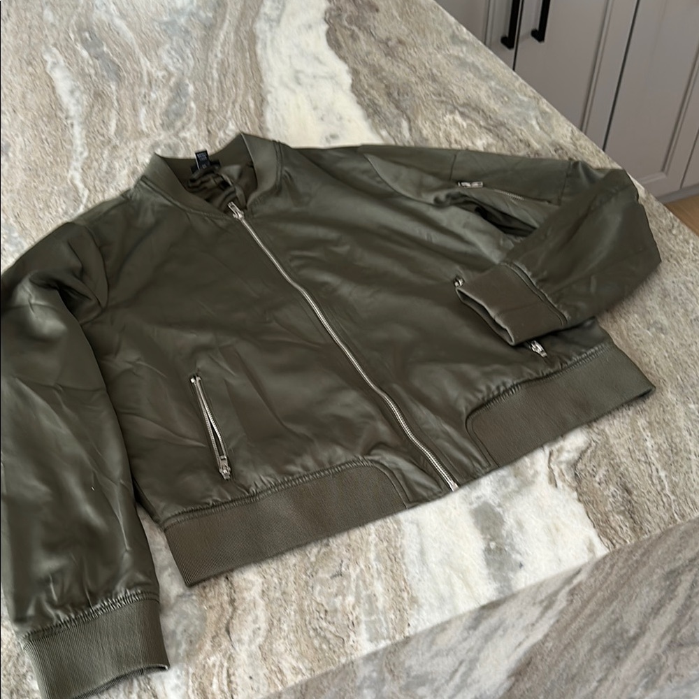Green Bomber Jacket with Stand-Up Collar and Relaxed Fit
